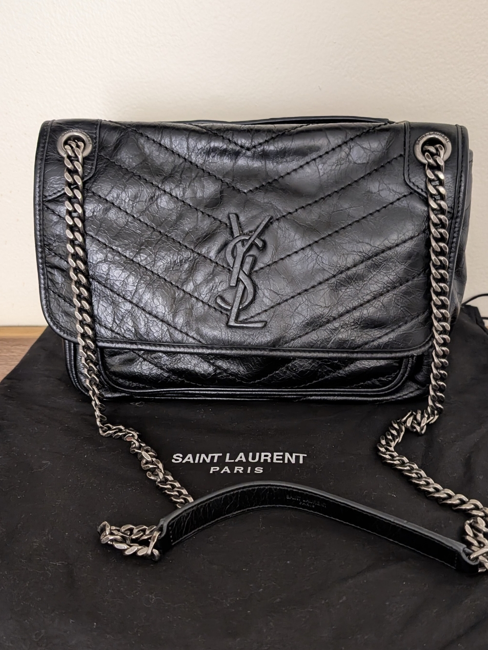 Niki Medium Flap YSL Shoulder Bag in Crinkled Leather